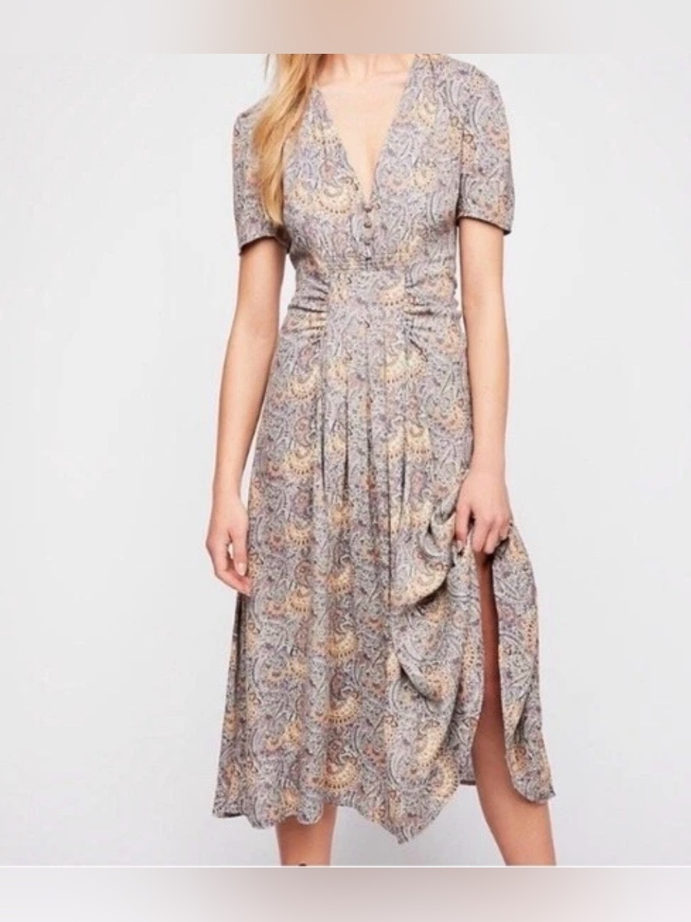 Free People Olivia Midi Dress Women 2 Purple Paisley 90s Forest Retro V-Neck